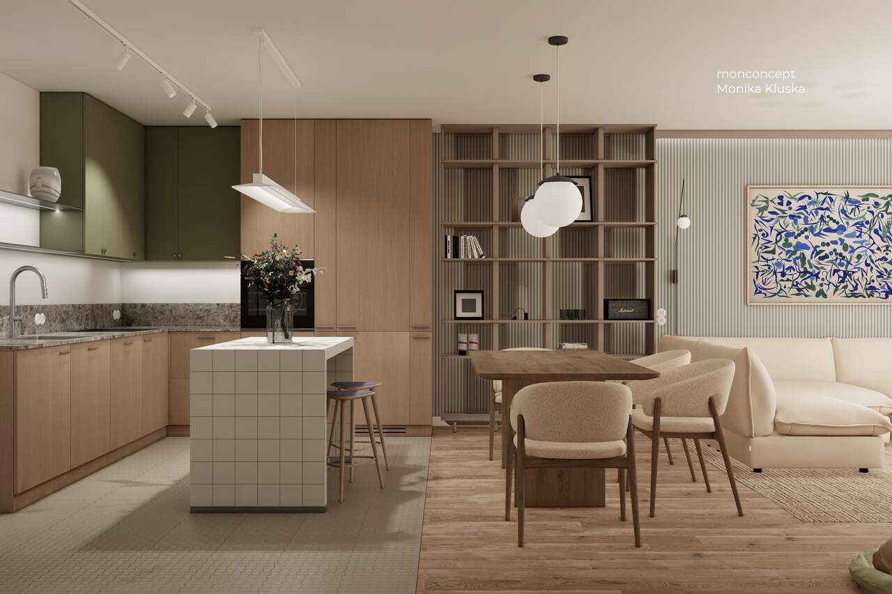 MIESZKANIE 79 m2 wizualizacja mieszkania_aneks kuchenny_wyspa kuchenna_jadalnia_monconcept