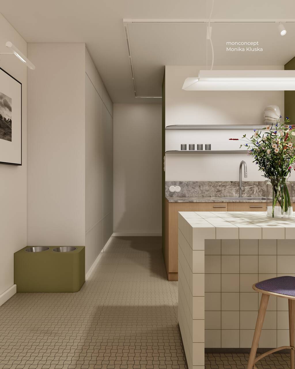 MIESZKANIE 79 m2 wizualizacja_mieszkanie przedpokój aneks kuchenny_ monconcept
