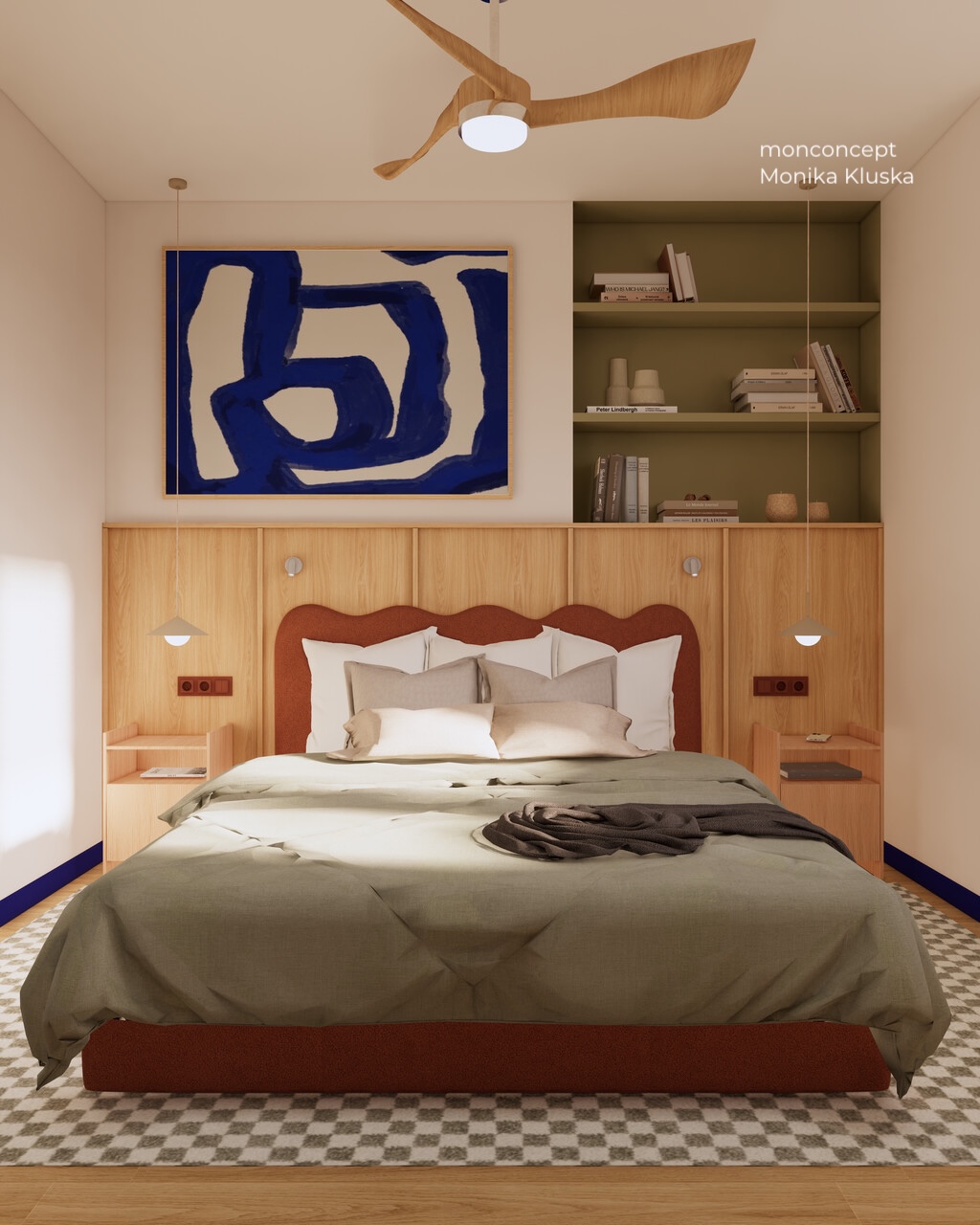 wizualizacja domu_sypialnia_drewno_kobalt_wnętrze_monconcept