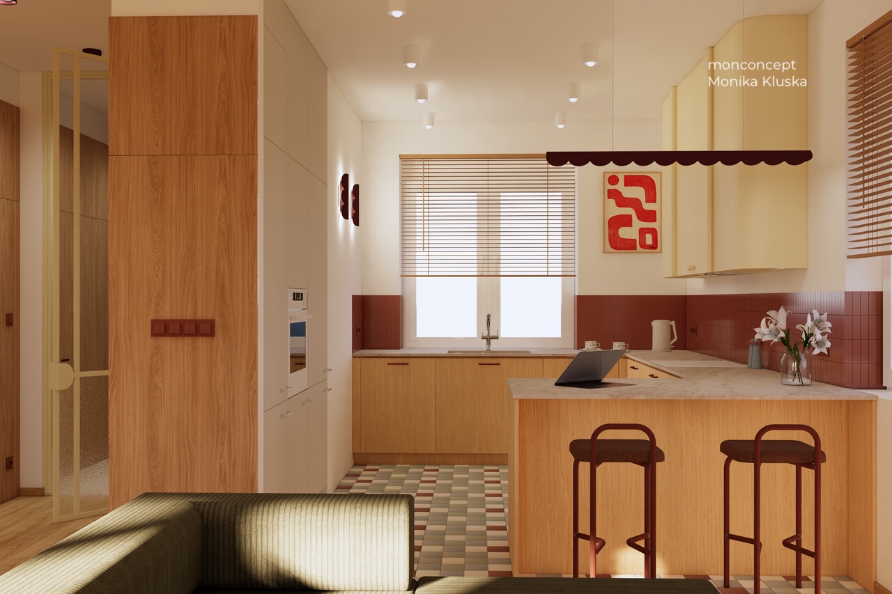 wizualizacja domu_kuchnia_zabudowa kuchenna_masełko_hokery_półwysep_wnętrze_monconcept
