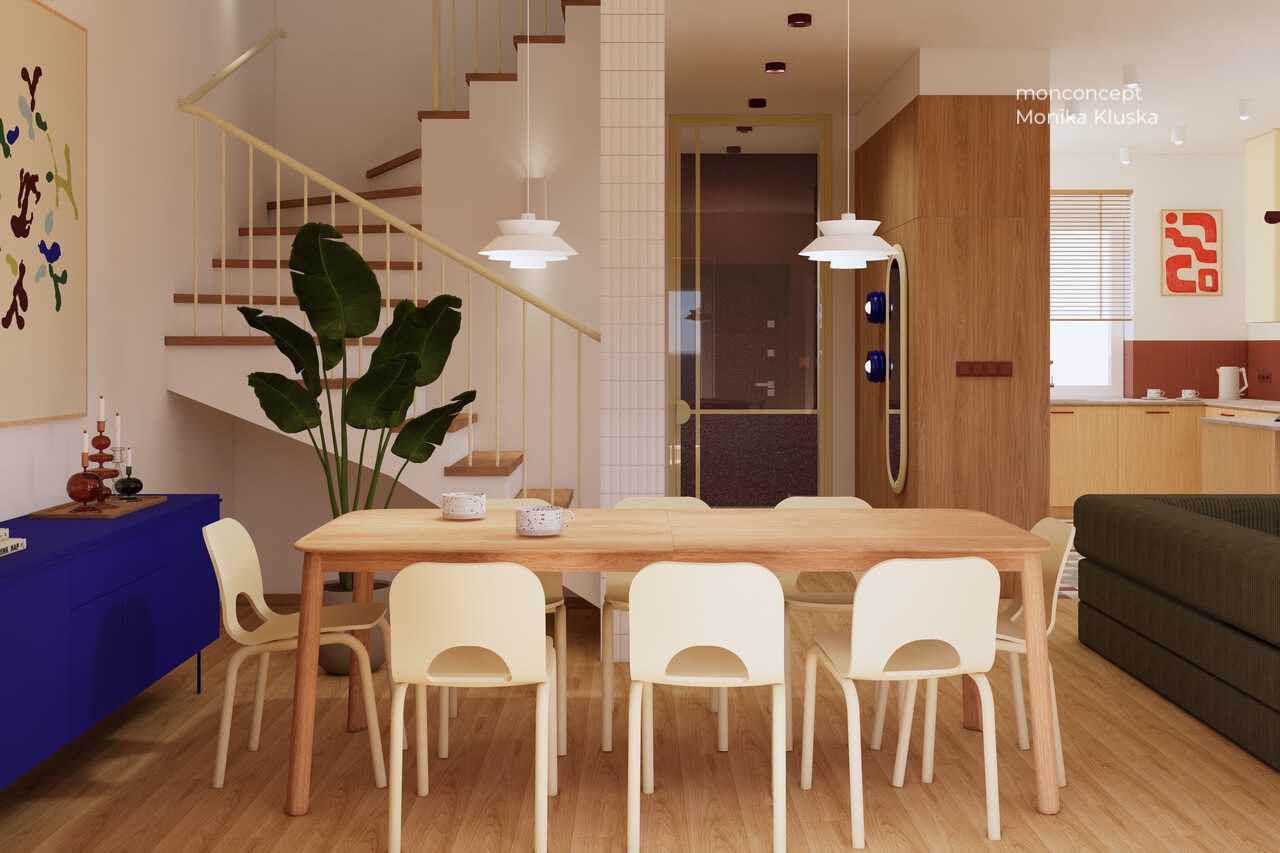 wizualizacja domu_jadalnia_kuchnia_klatka schodowa_masełko_butter_wnętrze_monconcept