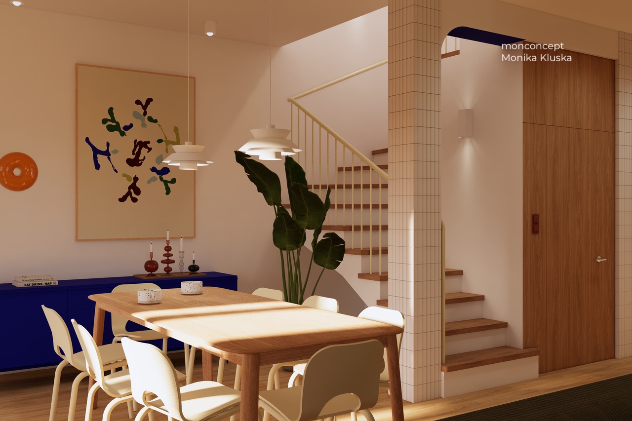 wizualizacja domu_jadalnia_stół_krzesła_klatka schodowa_schody_wnętrze_monconcept