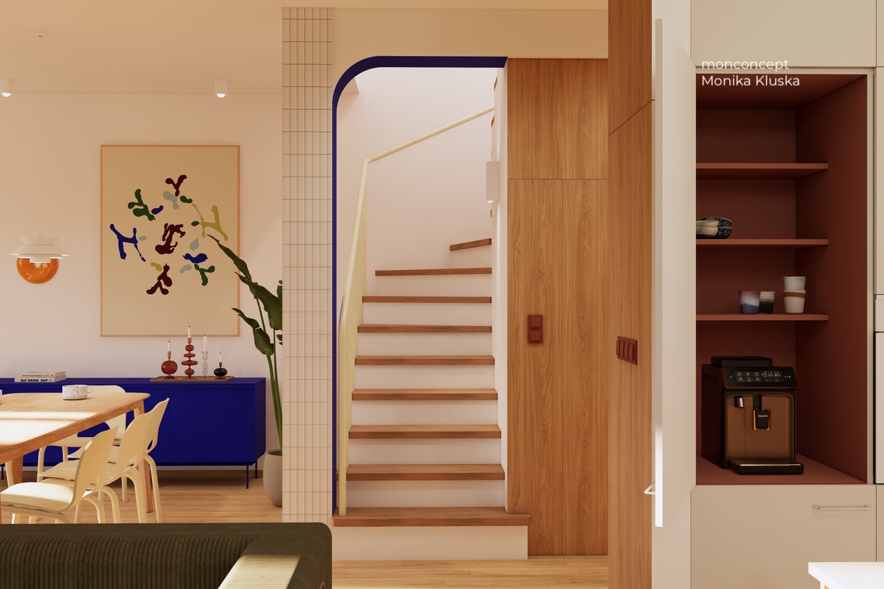 wizualizacja domu_jadalnia_kuchnia_coffee corner_klatka schodowa_schody_wnętrze_monconcept